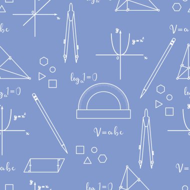 Matematiksel bilimsel vektör geometri araziler, araçları ve formülleri ile seamless modeli. Eğitim öğeleri. Pergel, iletki, kalem, grafik, kent, parabol, formüller, üçgen, paralelkenar.