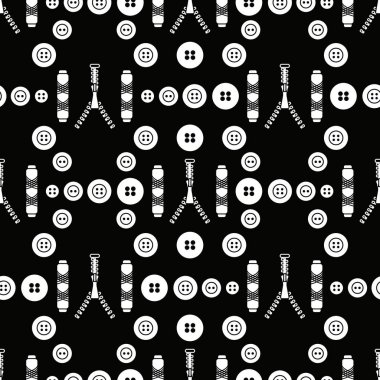 Fermuar, düğme, konu ile Seamless modeli. Dikiş ve iğne işi arka plan. Şablon tasarım, kumaş, yazdırma.