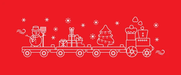 Lustige Vektor Illustration Mit Weihnachtszug Trägt Weihnachtsbaum Schneemann Mit Besen — Stockvektor