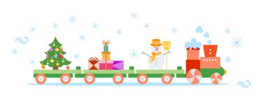 Komik vektör çizim Noel Tren taşır Noel ağacı ile süpürge, hediyeler ile kardan adam. Mutlu yeni yıl 2019, Noel kartı.