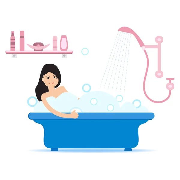 Vektör Karikatür Tarzı Çizim Kadın Sabun Köpüğü Ile Tam Banyo — Stok Vektör