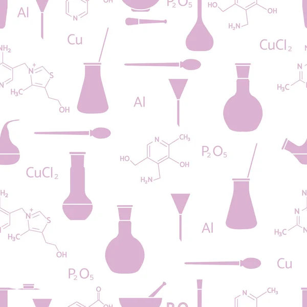 Wetenschappelijke Vector Naadloze Patroon Met Kolven Reageerbuisjes Bekers Tools Formules — Stockvector