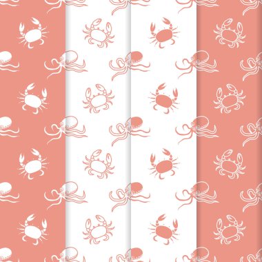 Ahtapot ve yengeçler ile seamless modeli 4 vektör kümesi. Deniz sakinleri. Hayvanlar su altında. Deniz ürünleri. Tasarım kaydırma, kumaş, deniz arka plan, yazdırma için.