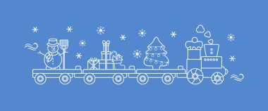 Komik vektör çizim Noel Tren taşır Noel ağacı ile süpürge, hediyeler ile kardan adam. Mutlu yeni yıl 2019, Noel kartı.