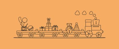 Komik vektör çizim tren ile taşır oyuncaklar: piramit, ayı, hediyeler, top, davul, balonlar. Mutlu yeni yıl 2019, Noel, Doğum günü. Satış, alışveriş kavramı.