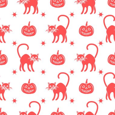 Cadılar Bayramı 2019 vektör balkabağı ve cadı cats ile seamless modeli. Parti kartı, sarma, kumaş, yazdırma için tasarım.