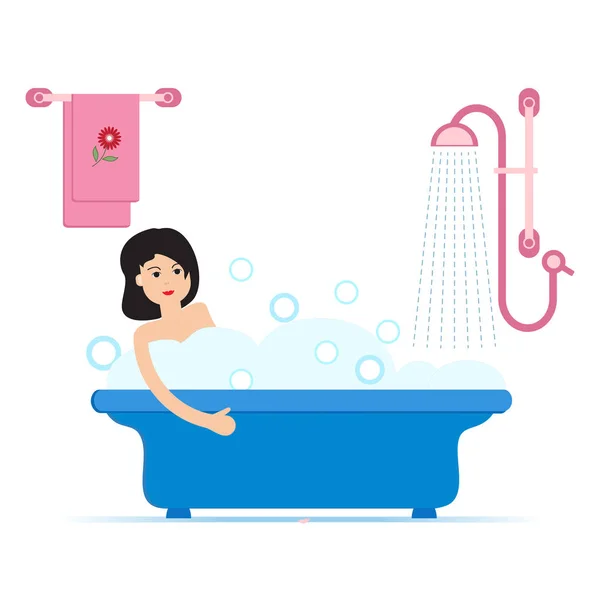 Vector Ilustración Estilo Dibujos Animados Mujer Tomando Baño Lleno Espuma — Vector de stock