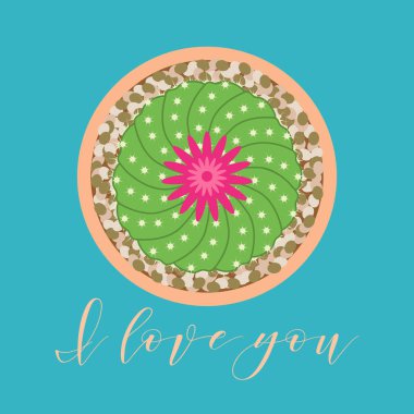 Vektör çizim çiçek açan kaktüs ve yazıt ile seni seviyorum. Aşk mesajı. Tebrik kartı Sevgililer günün kutlu olsun. Romantik arka plan.