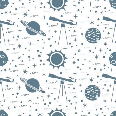 Seamless pattern with telescope, sun, planets, stars. Space exploration. Astronomy. Science clipart
