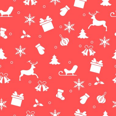 Mutlu yeni yıl 2019 ve Noel seamless modeli. Mittens, kızak, Hediyelik, kar taneleri, geyik, çan, Noel çorap, ökseotu, Noel ağacı ile kış illüstrasyon.