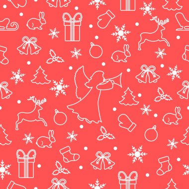 Mutlu yeni yıl 2019 ve Noel seamless modeli. Melek, eldivenler, tavşan, kızak, Hediyelik, kar taneleri, geyik, çan, Noel çorap, top, ökseotu, Noel ağacı ile kış illüstrasyon.