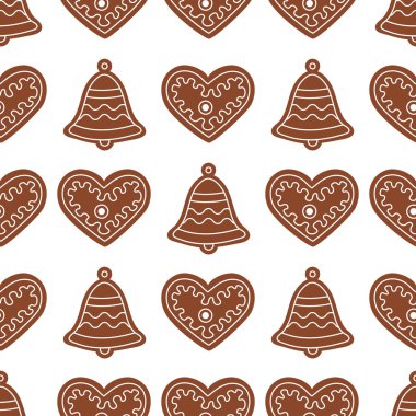 Gingerbread çan ve kalpleri ile Seamless modeli. Tatil arka plan. Tasarım afiş, poster, tekstil, yazdırma için.