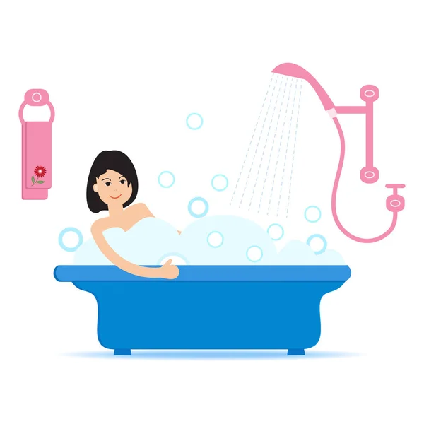 Vector Ilustración Estilo Dibujos Animados Mujer Tomando Baño Lleno Espuma — Vector de stock