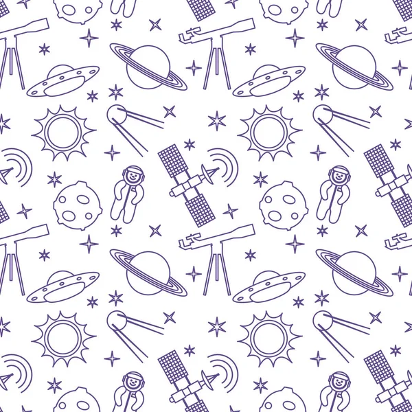 Seamless pattern with telescope, UFO, satellite, planets, astronaut, orbital station, sun, stars. Space exploration. Astronomy. Science.