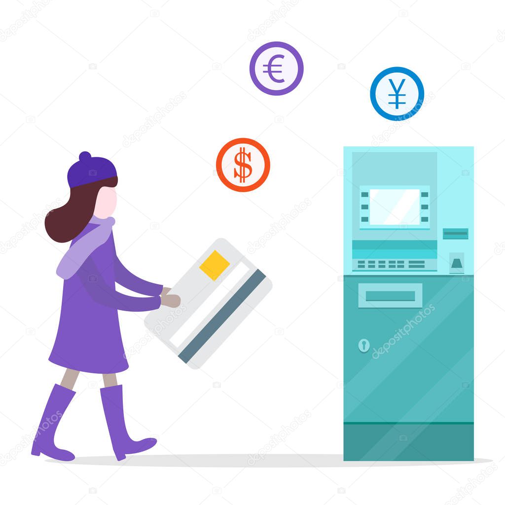 Vector illustration with girl goes to automatic teller machine or ATM with a bank card. Personal finance management. Design for banner, poster or print.