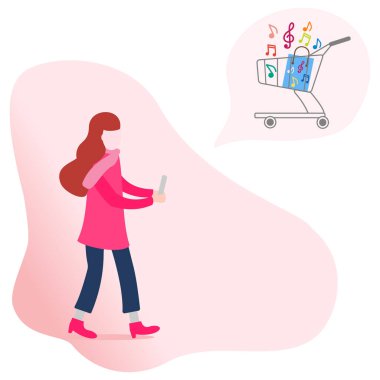 Artırılmış gerçeklik uygulanması: Ar şehir veya alışveriş merkezi gezinti için. Modern cihaz kızla bir müzik mağazasında alışveriş yapmak planlıyor.