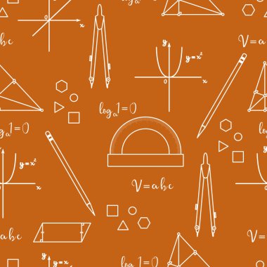 Matematiksel bilimsel vektör geometri araziler, araçları ve formülleri ile seamless modeli. Eğitim öğeleri. Pergel, iletki, kalem, grafik, kent, parabol, formüller, üçgen, paralelkenar.