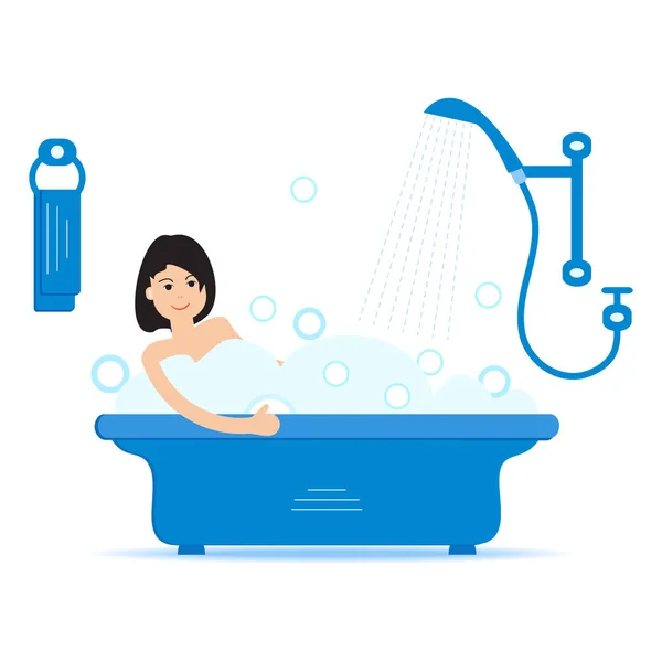 Vector Ilustración Estilo Dibujos Animados Mujer Tomando Baño Lleno Espuma — Vector de stock