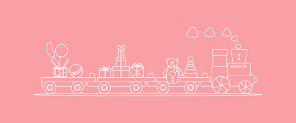 Αστεία Διανυσματικά Εικονογράφηση Τρένο Μεταφέρει Παιχνίδια Πυραμίδα Αρκούδα Δώρα Μπάλα — Διανυσματικό Αρχείο