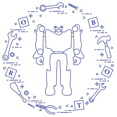 Robot, harflerle, oyuncak araçları (tornavida, İngiliz anahtarı, vida, çekiç) küpleri. Çocuklar için oyuncaklar. Robotik teknolojiler. Başlık sayfası, poster veya baskı için tasarım.
