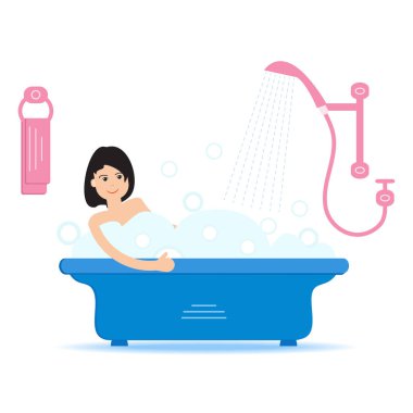 Vektör karikatür tarzı çizim kadın sabun köpüğü ile tam banyo. Rahatlatıcı kız banyoda. Banyo iç.