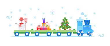 Komik vektör çizim Noel Tren taşır Noel ağacı ile süpürge, hediyeler ile kardan adam. Mutlu yeni yıl 2019, Noel kartı.