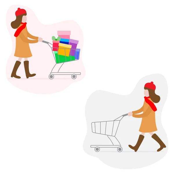 Alışveriş Sepeti Boş Dolu Hediyeler Ile Kız Kadınlar Alışveriş Büyük — Stok Vektör