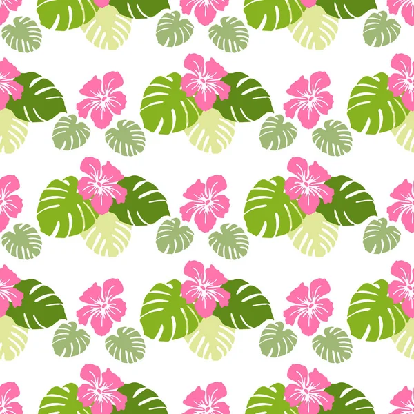 Nahtloses Muster Mit Monsterblättern Und Hibiskusblüten Tropischer Hintergrund Design Für — Stockvektor