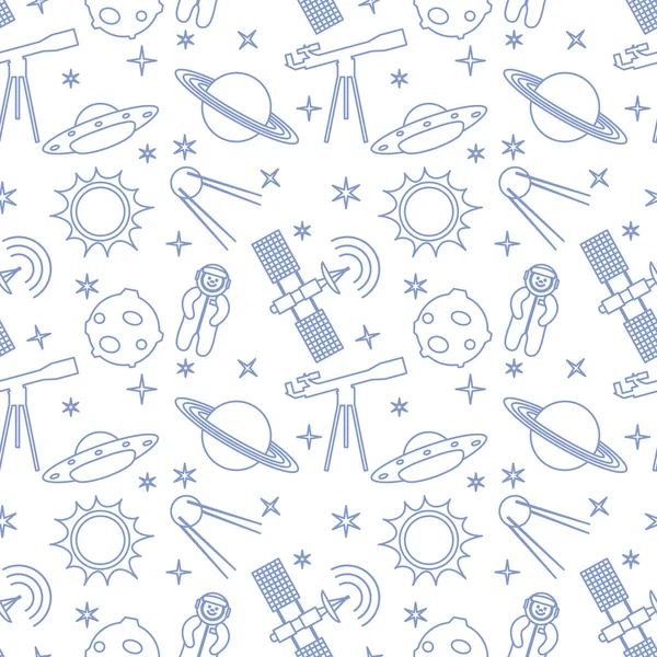 Seamless pattern with telescope, UFO, satellite, planets, astronaut, orbital station, sun, stars. Space exploration. Astronomy. Science.
