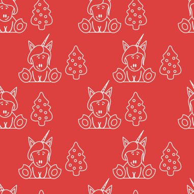 Tek boynuzlu atlar ve Noel ağacı ile Seamless modeli. Noel ve yeni yıl 2019 arka plan. Tasarım için sarma, kumaş, yazdırma.