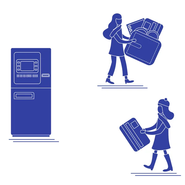 Vektorové Ilustrace Dvěma Dívkami Pomocí Služeb Atm Bankovní Karty Peněženka — Stockový vektor