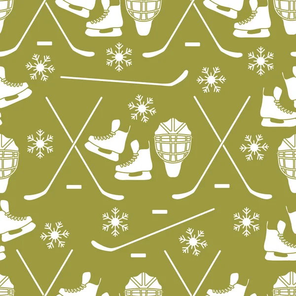 Seamless pattern with skates, goalkeeper mask, hockey stick, ice hockey puck, snowflakes. Winter sports background. Hockey equipment. Games, hobbies, entertainment.