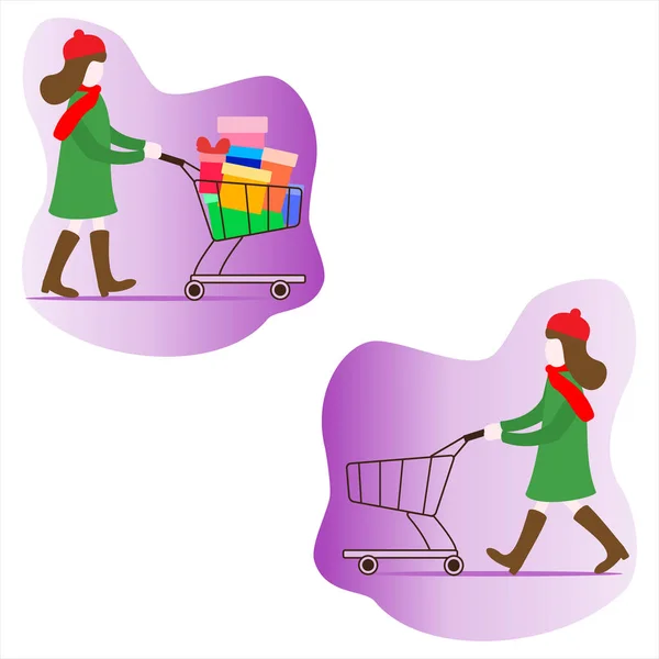 Alışveriş Sepeti Boş Dolu Hediyeler Ile Kız Kadınlar Alışveriş Büyük — Stok Vektör