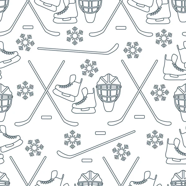 スケート ゴールキーパーのマスク ホッケーのスティック アイス ホッケーのパック 雪片とのシームレスなパターン 冬のスポーツの背景 ホッケー装置 ゲーム ホビー — ストックベクタ