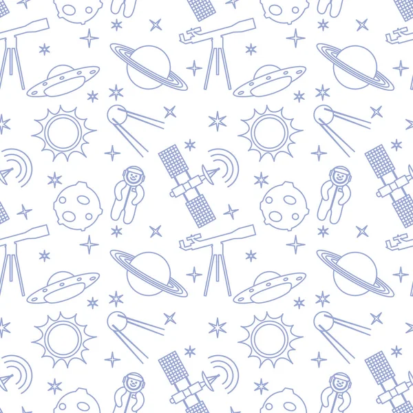 Seamless pattern with telescope, UFO, satellite, planets, astronaut, orbital station, sun, stars. Space exploration. Astronomy. Science.