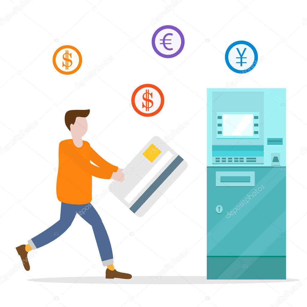Vector illustration with man goes to ATM with a bank card. Personal finance management. Design for banner, poster or print.