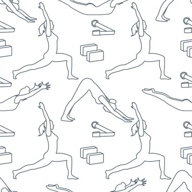 Kadınlar yoga ile Seamless modeli poz veriyor, bloklar, kemer için yoga. Sakin ol ve meditasyon. Sağlıklı bir yaşam tarzı. Eğitim dengesi. Banner için tasarım ve baskı.