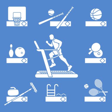 Fitness ve spor zamanı. Sağlıklı bir yaşam tarzı. Adam çalıştıran ile koşu parkuru. Oyunlar ve takım sporları oynamak için donatım.