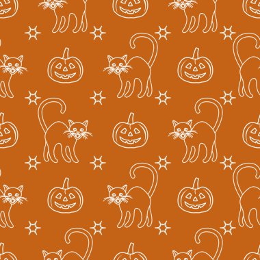 Cadılar Bayramı 2019 vektör balkabağı ve cadı cats ile seamless modeli. Parti kartı, sarma, kumaş, yazdırma için tasarım.