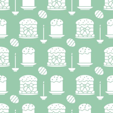 Paskalya kek, mum, bir şekilde dekore edilmiş yumurta ile Seamless modeli. Mutlu Paskalyalar. Festival arka plan. Başlık sayfası, poster veya baskı için tasarım.