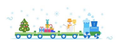 Komik vektör çizim Noel Tren taşır Noel ağacı ile süpürge, hediyeler ile kardan adam. Mutlu yeni yıl 2019, Noel kartı.