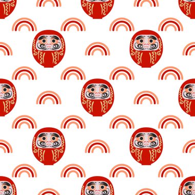 Daruma - Japon geleneksel bebek ile mutlu yeni yıl 2019 seamless modeli. Tıknaz oyuncak vektör çizim. Yıllık yeni yıl ritüel bir dilek yapma.