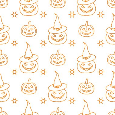 Cadılar Bayramı 2019 vektör pumpkins, cadı şapka ile seamless modeli. Parti kartı, sarma, kumaş, yazdırma için tasarım.