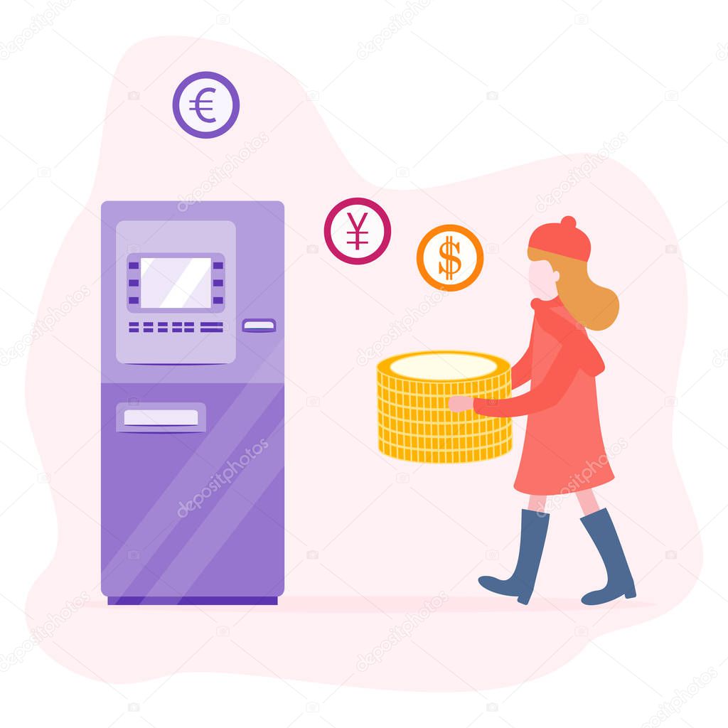 Vector illustration with girl carries cash at the ATM or automatic teller machine. Personal finance management. Design for banner, poster or print.