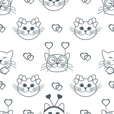 Namlu kedilerin karnaval maske, Gözlük, kravat, yay, saç bantları ve kalpleri ile Seamless modeli. Tebrik kartı Sevgililer günün kutlu olsun. Romantik arka plan. Karnaval şenlikli kavramı.