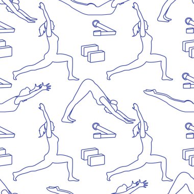 Kadınlar yoga ile Seamless modeli poz veriyor, bloklar, kemer için yoga. Sakin ol ve meditasyon. Sağlıklı bir yaşam tarzı. Eğitim dengesi. Banner için tasarım ve baskı.