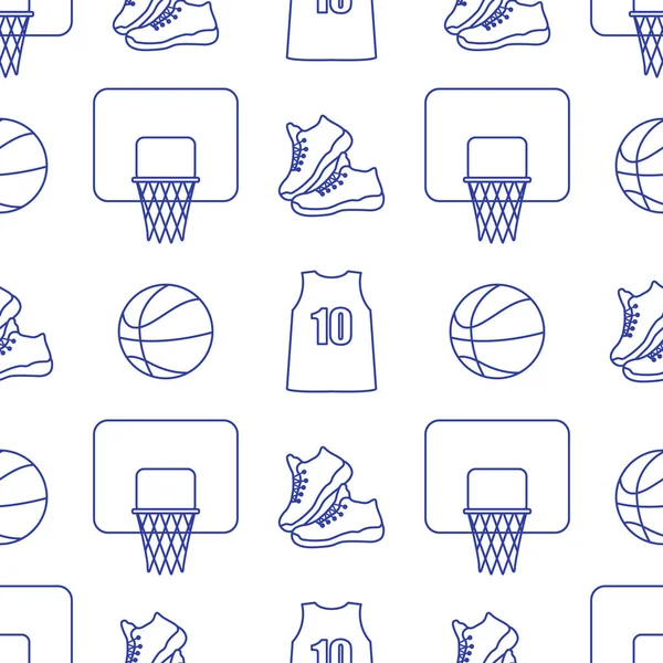 Seamless pattern with basketball basket, ball, sneakers, shirt. Sports background. Basketball equipment. Games, hobbies, entertainment.