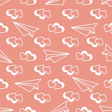 Kağıt Uçak, kalpleri ile Seamless modeli. Tebrik kartı Sevgililer günün kutlu olsun. Romantik arka plan.