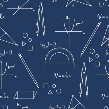 Matematiksel bilimsel vektör geometri araziler, araçları ve formülleri ile seamless modeli. Eğitim öğeleri. Pergel, iletki, kalem, grafik, kent, parabol, formüller, üçgen, paralelkenar.