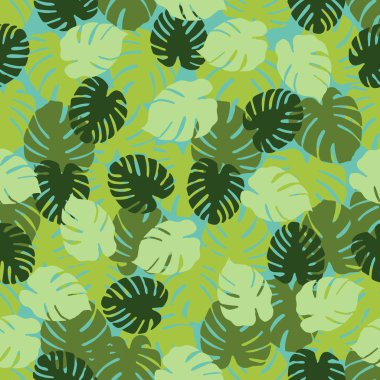 Monstera ile Seamless modeli bırakır. Tropikal arka plan. Tasarım afiş, poster, tekstil, yazdırma için.